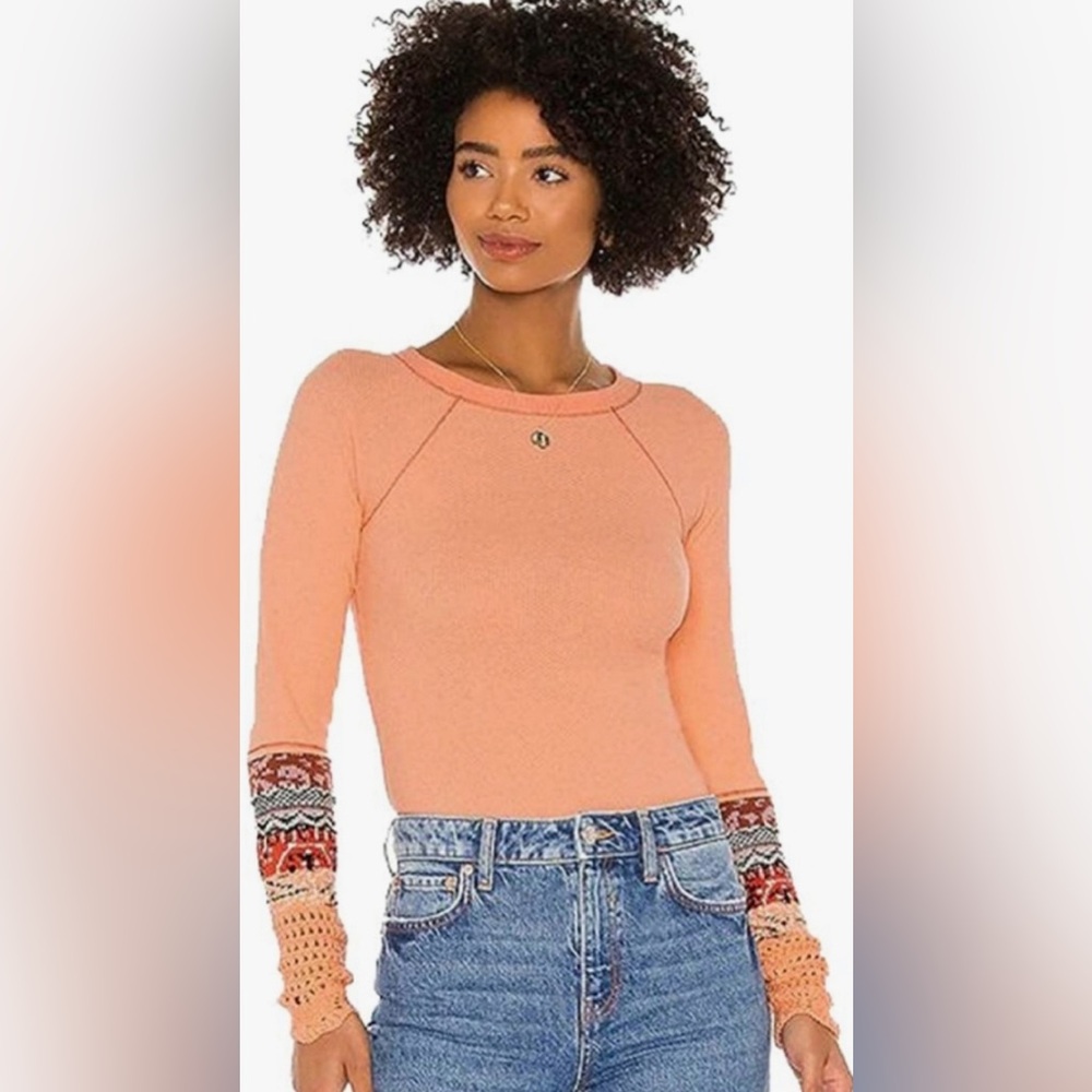 Free People In The Mix Cuff Thermal Shirt Desert Orange Knit Sleeves